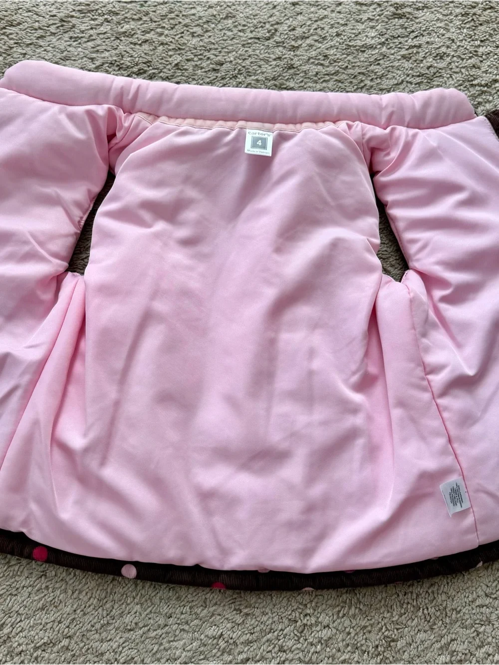 CARTERS Girls Vest Brown Pink Polka Dot Puffer Zip Up Sz 4 with Pockets